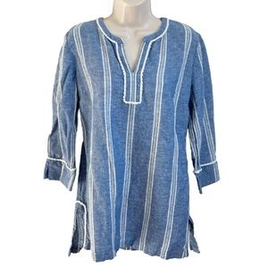 Nautica high low linen striped tunic top pullover blue white medium v neck